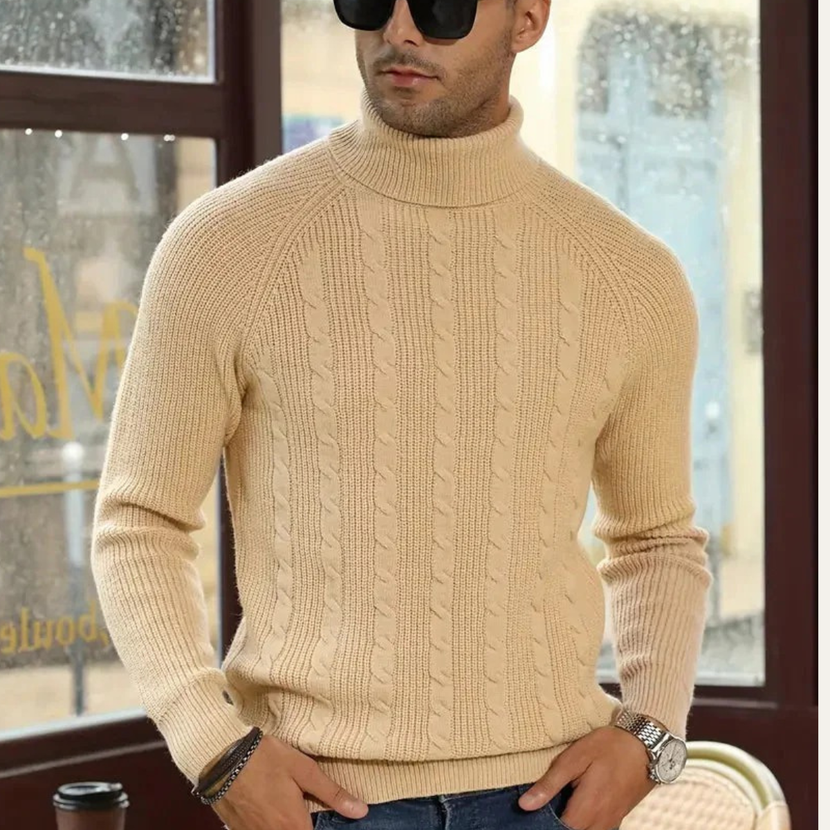 Men's Classic Cable Knit Turtleneck Sweater
