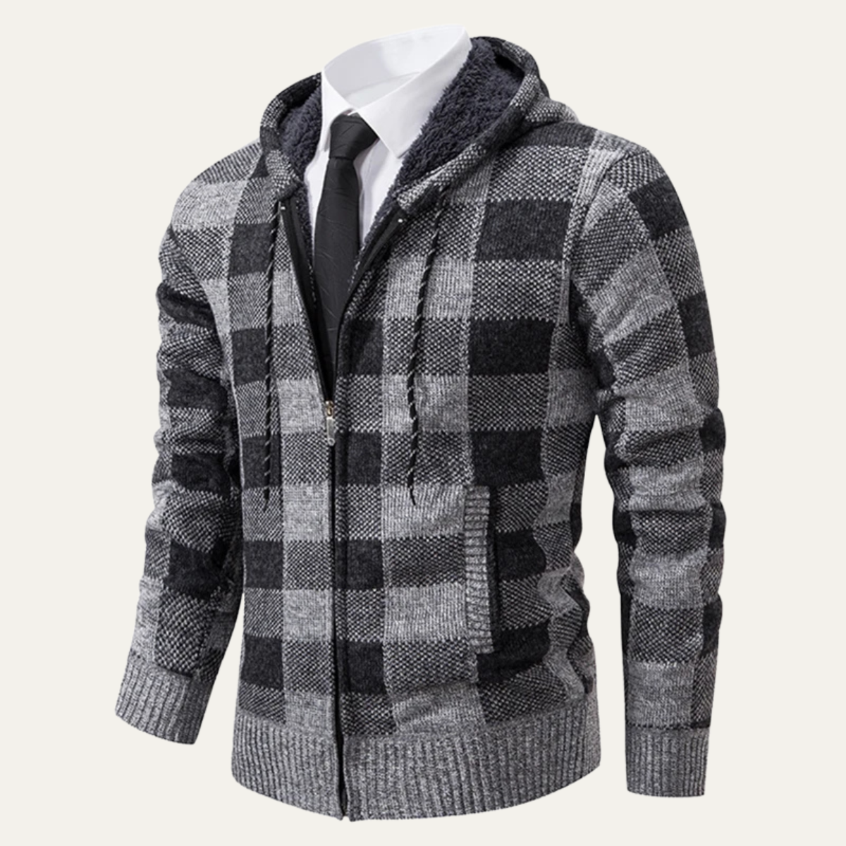 Men's Plaid Knit Hooded Jacket Zip Up