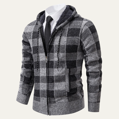 Men's Plaid Knit Hooded Jacket Zip Up