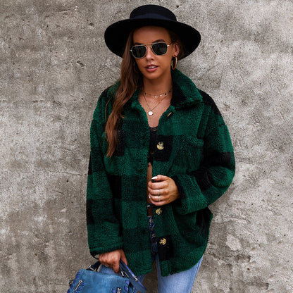 Women's Plush Fur Coat Checkered Warm Winter