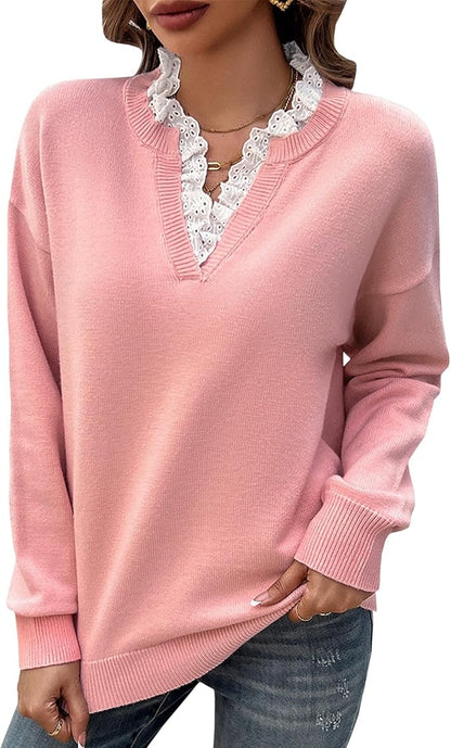 Women's V Neck Sweater Ribbed Trim