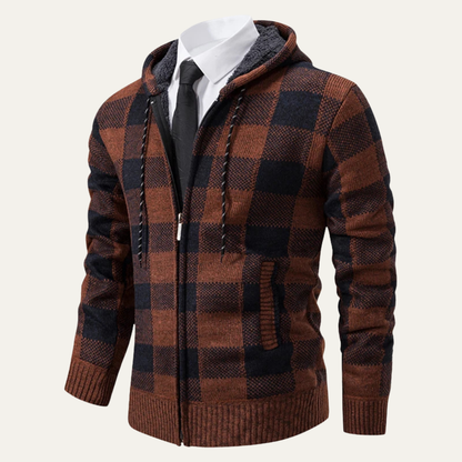 Men's Plaid Knit Hooded Jacket Zip Up