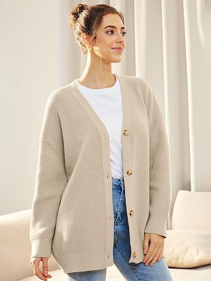 Women's Oversized V-Neck Cardigan Button Closure - VibreMode