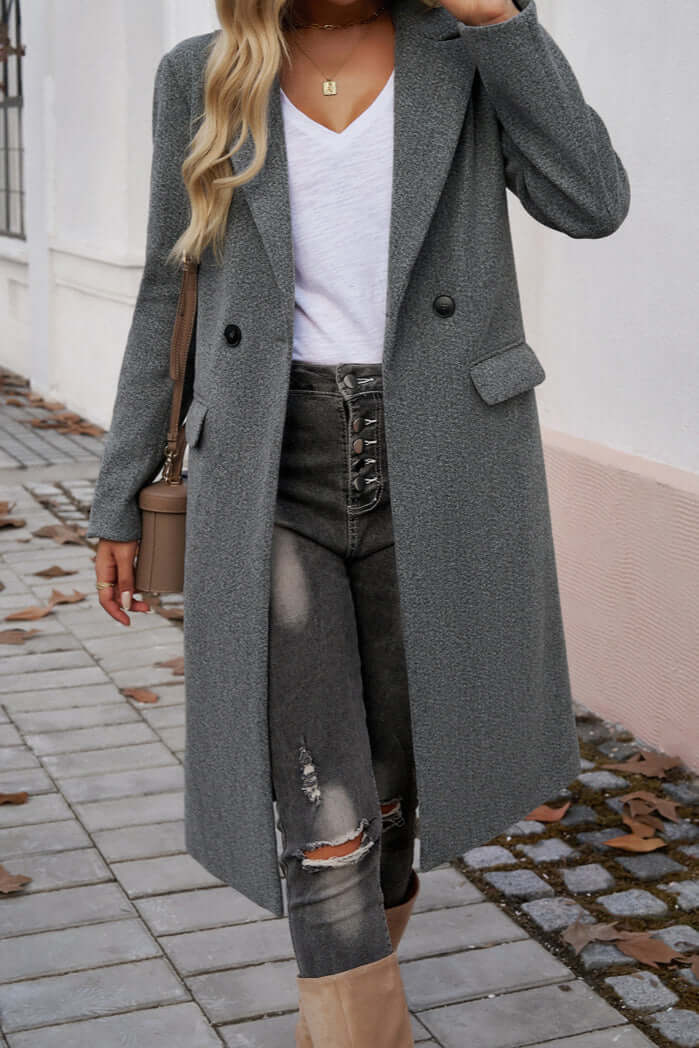 Women's Double Breasted Long Coat Warm Wool