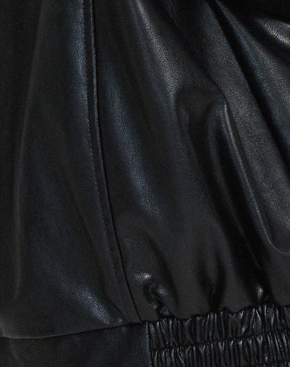 Women's Leather Zip-Up Jacket High Collar Relaxed Fit Black