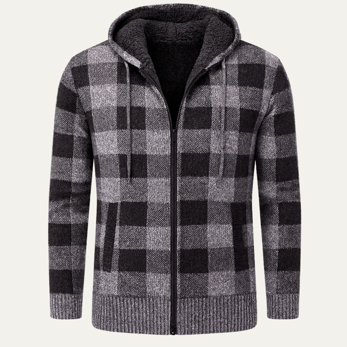 Men's Plaid Knit Hooded Jacket Zip Up - VibreMode