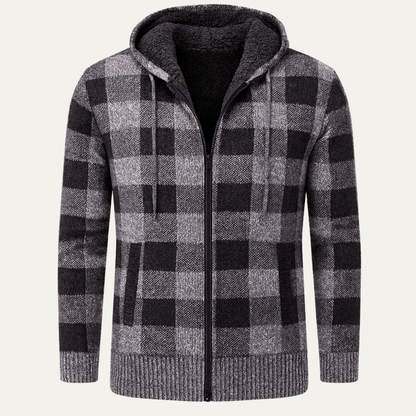 Men's Plaid Knit Hooded Jacket Zip Up - VibreMode