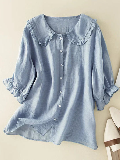 Women's Cotton Linen Blouse Ruffle Neck Relaxed Fit