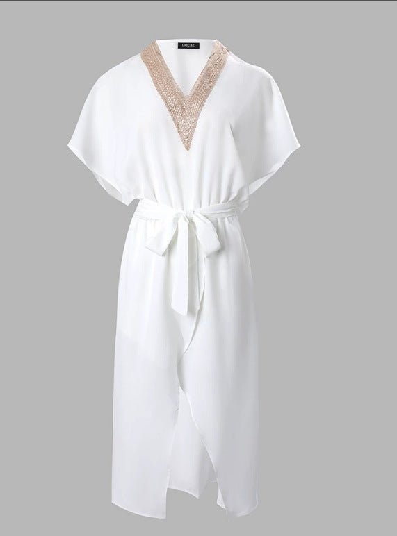 Women's White Midi Dress V-Neck Cotton - VibreMode