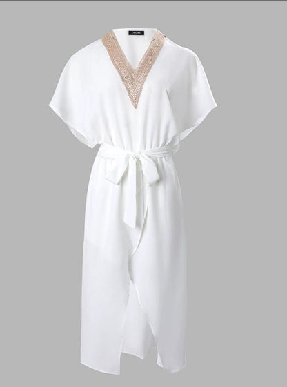 Women's White Midi Dress V-Neck Cotton - VibreMode