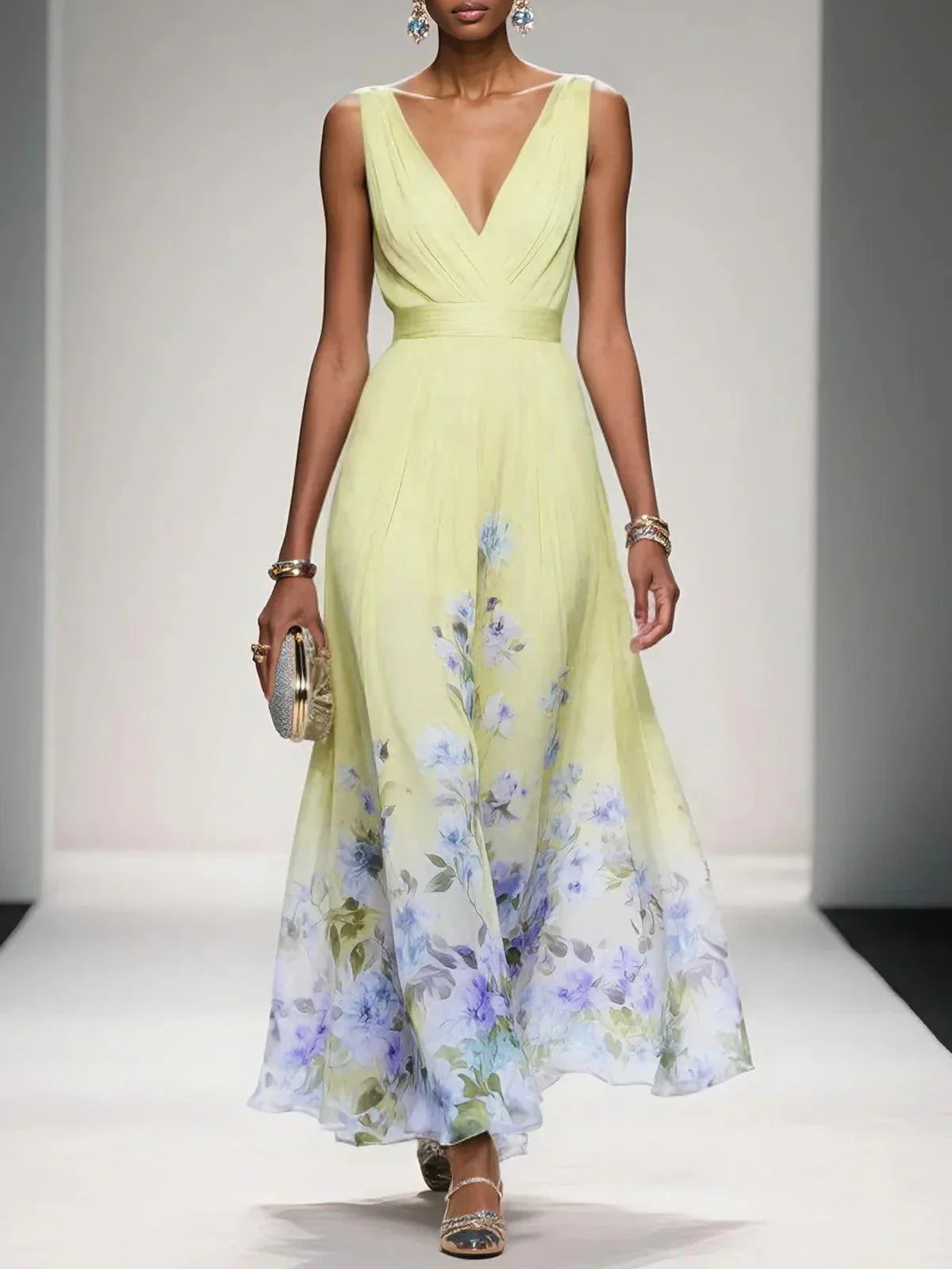Women's Floral Maxi Dress Sleeveless V-Neck Wide Straps