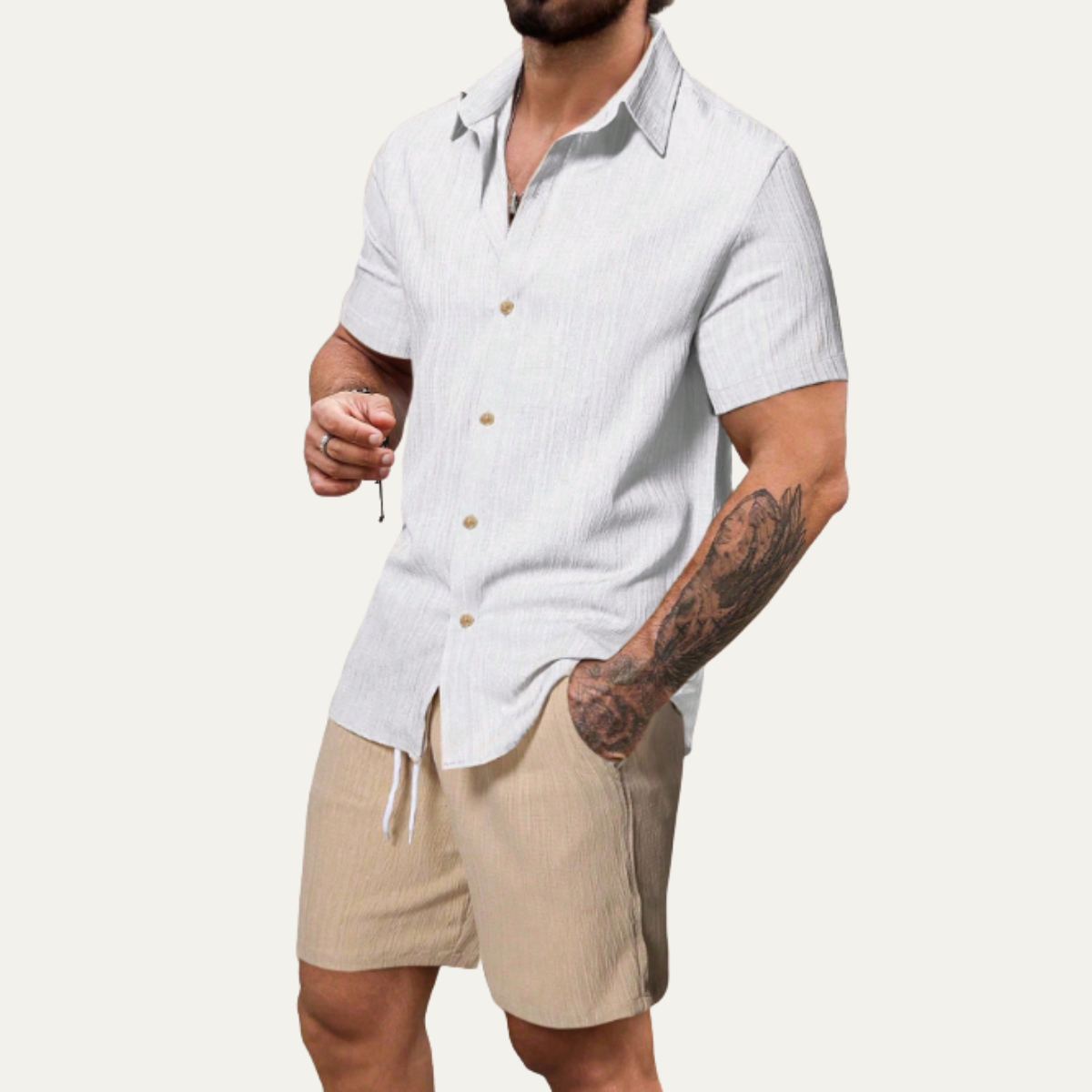 Men's Button Up Shirt And Shorts Set Cotton