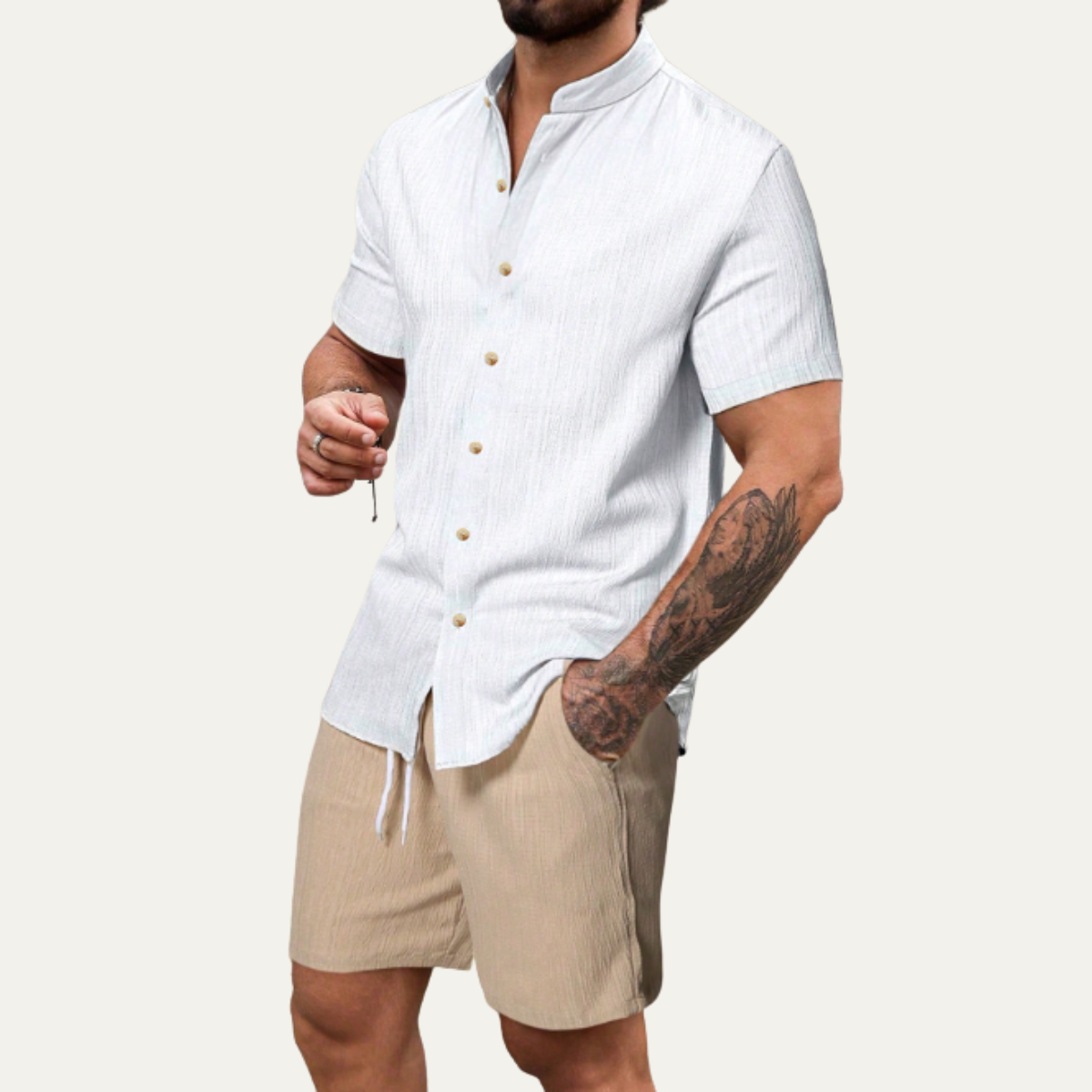 Men's Button Up Shirt And Shorts Set Cotton