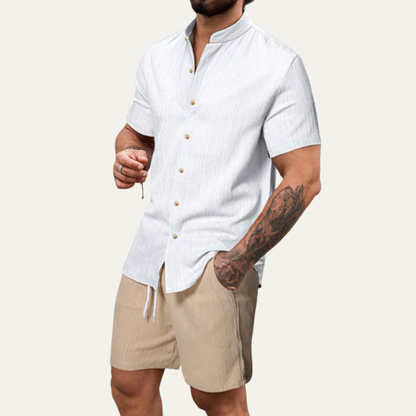 Men's Button Up Shirt And Shorts Set Cotton