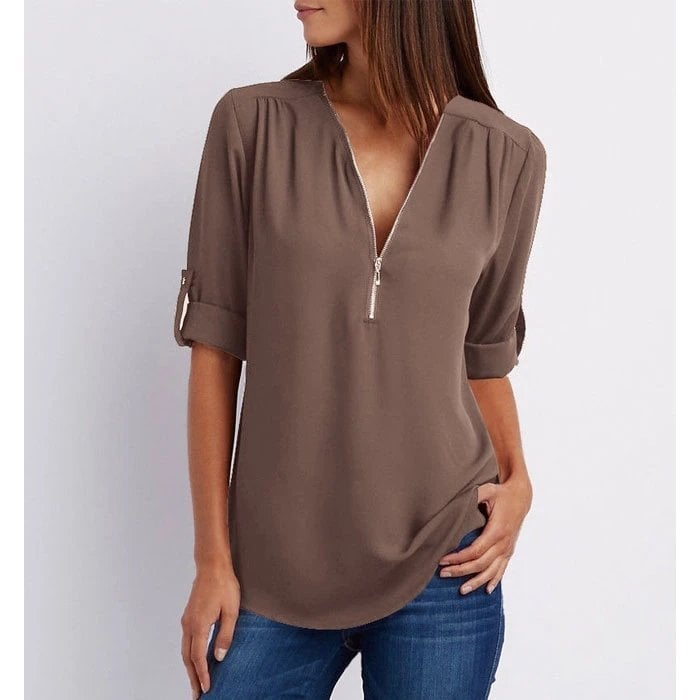 Women's Casual Blouse Zip-Up V-Neck Half Sleeve Rose