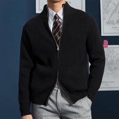 Men's Slim Fit Zip Cardigan Ribbed Knit Stand Collar Black