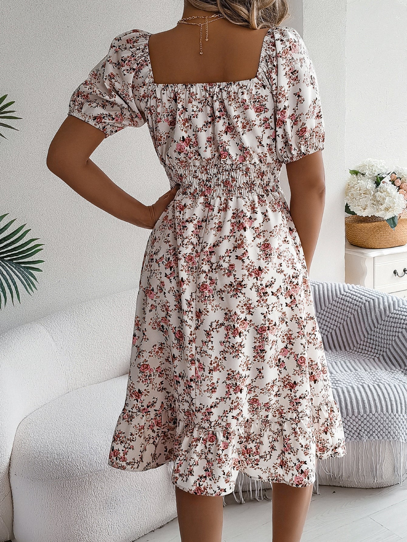 Women's Floral Ruffle Dress Square Neck High Waist