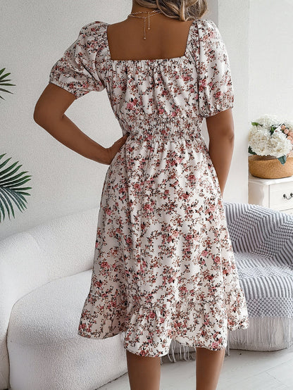 Women's Floral Ruffle Dress Square Neck High Waist