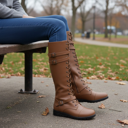 Tall Black Leather Buckle Knee High Boots