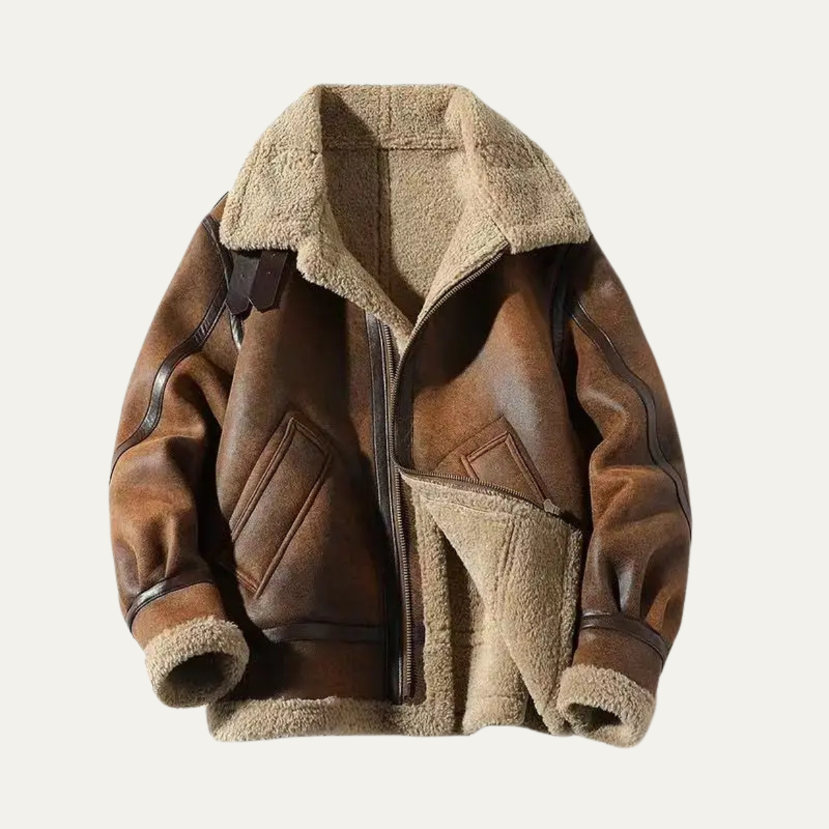Men's Retro Shearling Leather Jacket Warm Fur Lining - VibreMode