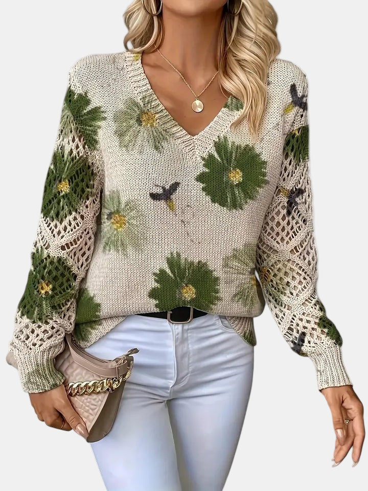 Women's V-Neck Sweater Floral Knit Pattern