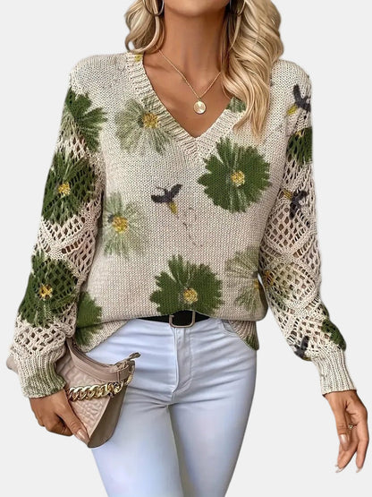 Women's V-Neck Sweater Floral Knit Pattern