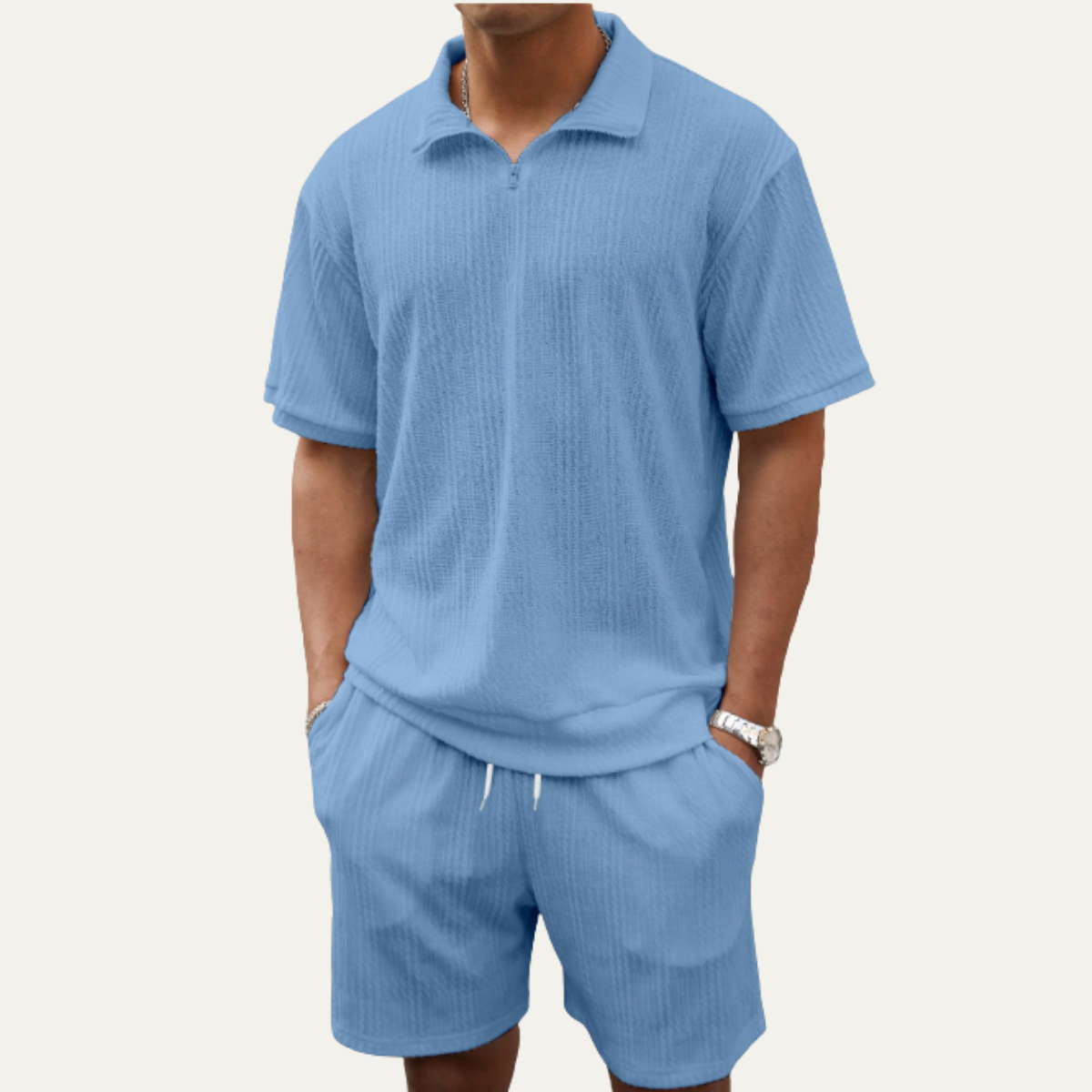 Men's Polo Shirt And Shorts Set Solid Color Casual