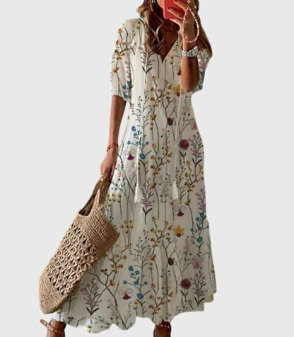 Trendy Floral V Neck Tassel Maxi Dress