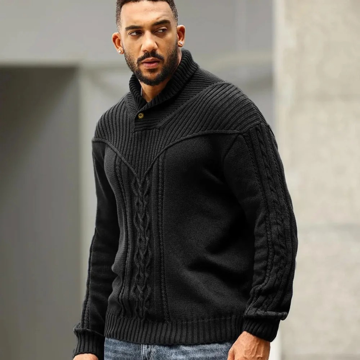Men's Ribbed Knit Winter Sweater Button Neck