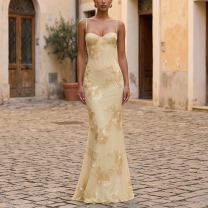 Women’s Mermaid Evening Gown Floral Applique Formal Dress