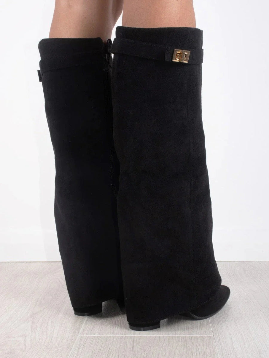 Chic Women's High Heel Leather Knee Boots with Buckle