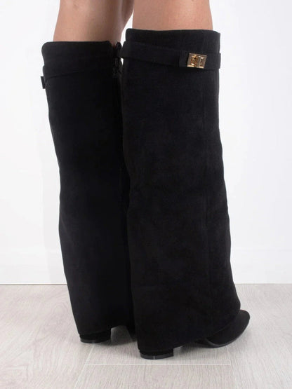 Chic Women's High Heel Leather Knee Boots with Buckle