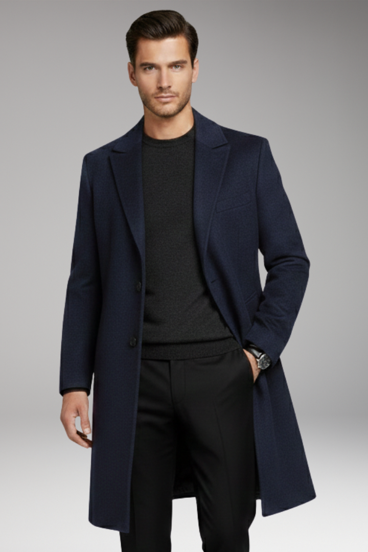 Men's Long Coat Notched Lapel Seam Pockets