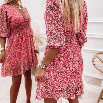 Women's Floral Mini Dress V-Neck Puff Sleeves