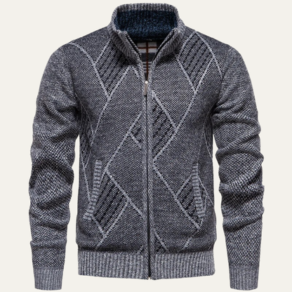 Men's Knit Fleece Cardigan Diamond Pattern Zip Front