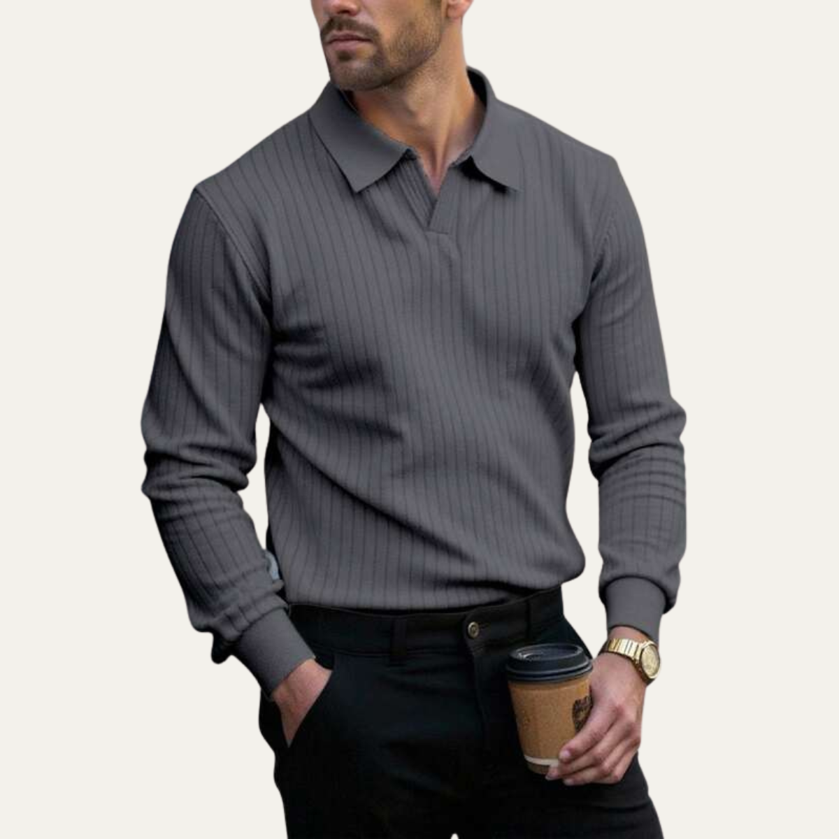 Men's Long Sleeve Polo Shirt Ribbed Knit