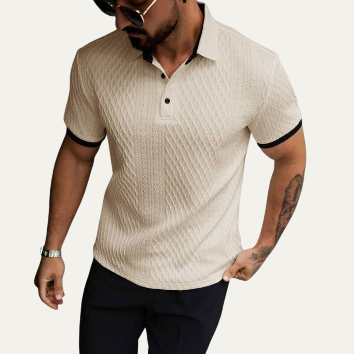 Men's Classic Textured Polo Shirt Contrast Collar