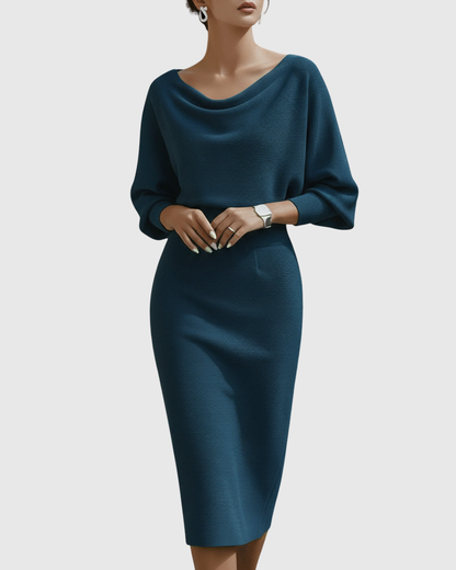 Women's Ribbed Cowl Neck Long Sleeve Midi Dress