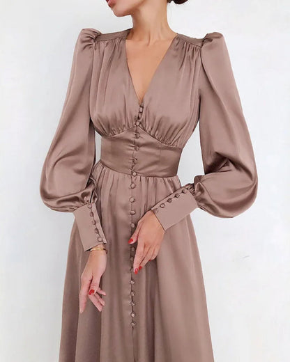 Women's Satin V-Neck Maxi Dress Elegant Black