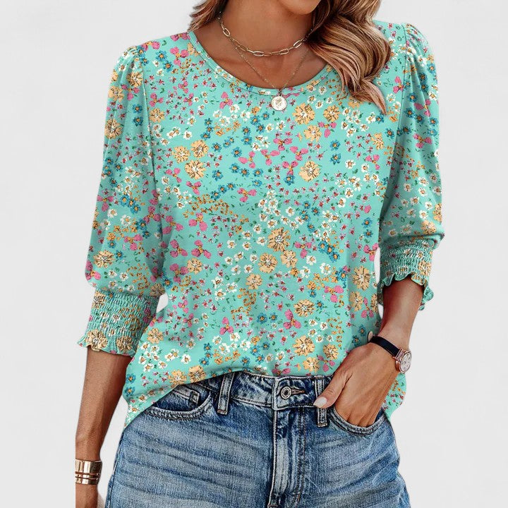 Women's Crew Neck Smocked 3/4 Sleeve