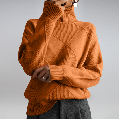 Women's Turtleneck Sweater Diamond Knit Ribbed Cuffs