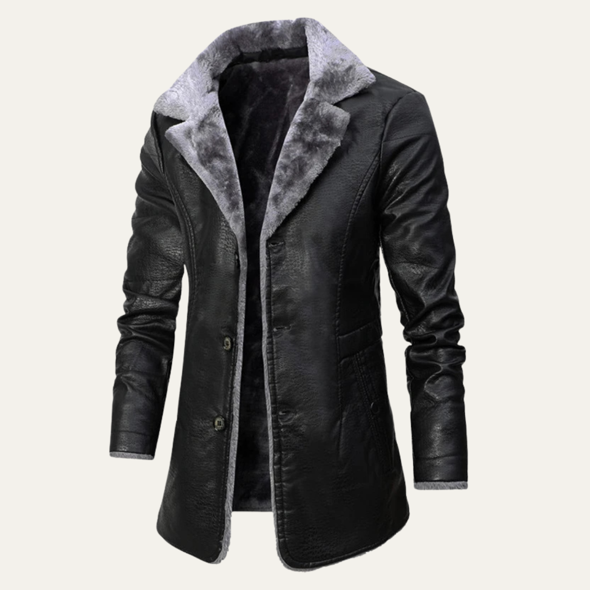 Men's Leather Winter Coat Fur Lined Long Black