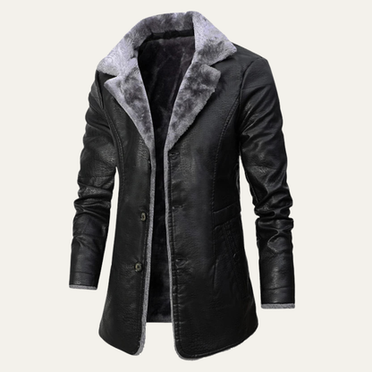 Men's Leather Winter Coat Fur Lined Long Black