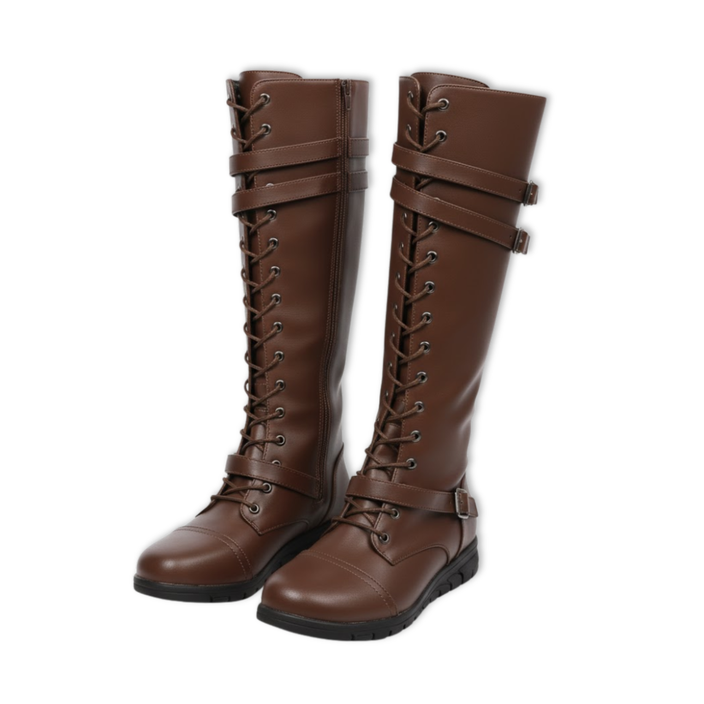 Tall Black Leather Buckle Knee High Boots
