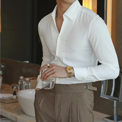 Men's Italian Collar Button Up Shirt White Cotton