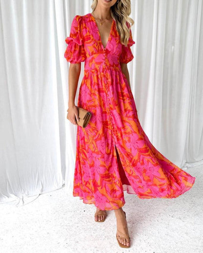 Women's Maxi Dress V-Neck Abstract Print Puff Sleeves - VibreMode