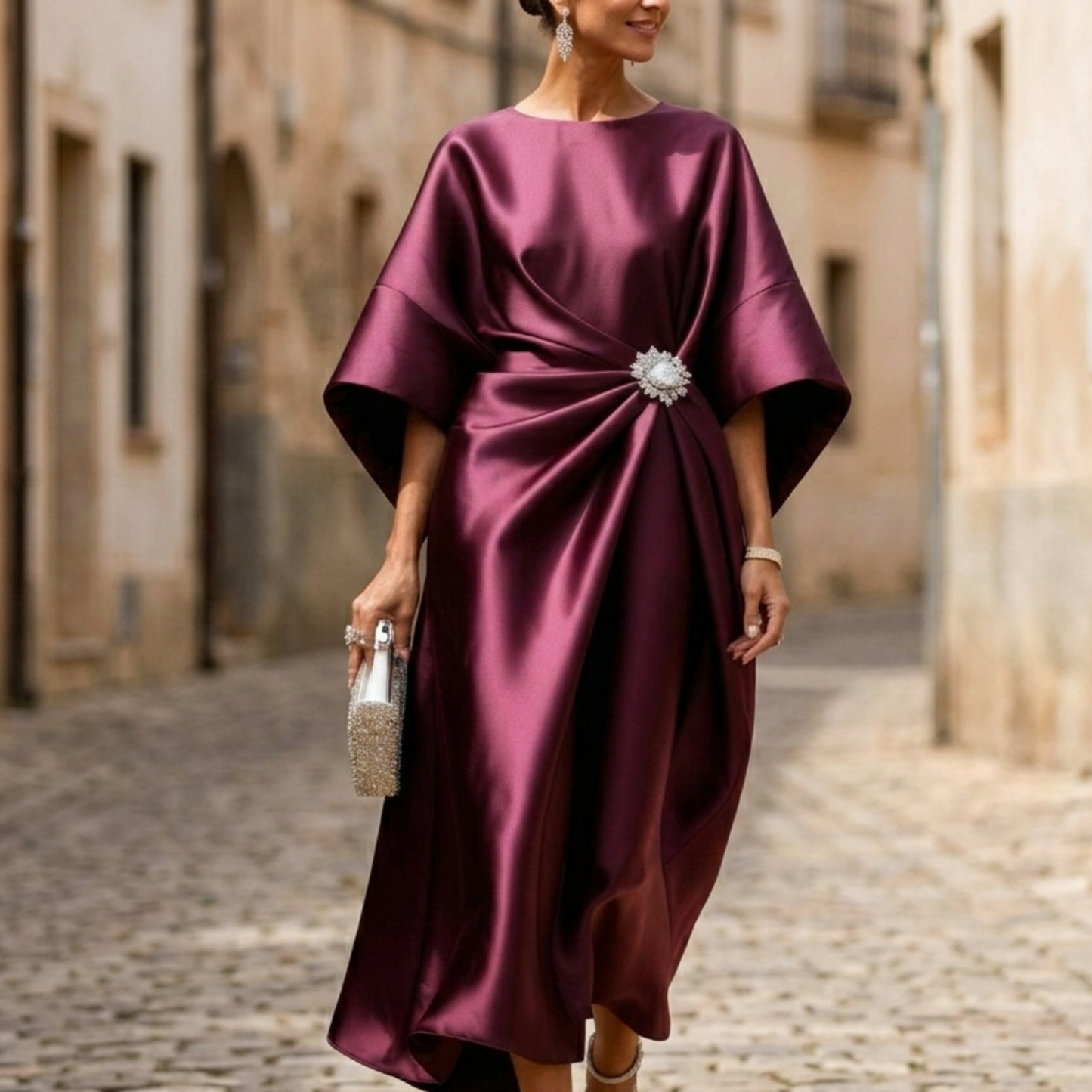 Evening Dress Women Satin Midi Cape Sleeve