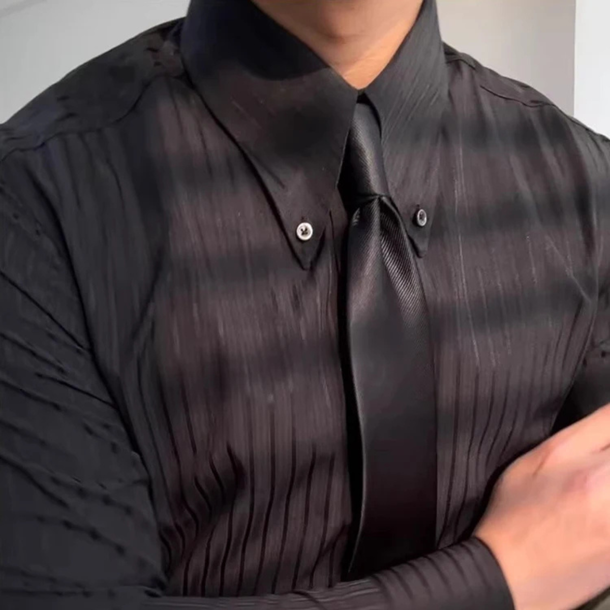 Men's Formal Dress Shirt Textured Pleated Black
