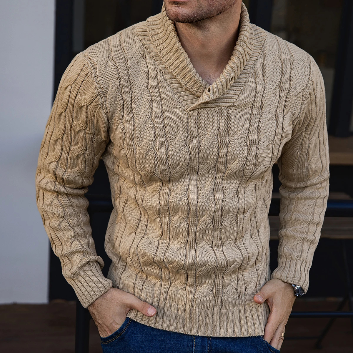 Men's Cable Knit Sweater Shawl Collar Button Neck
