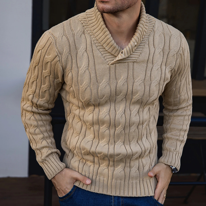 Men's Cable Knit Sweater Shawl Collar Button Neck